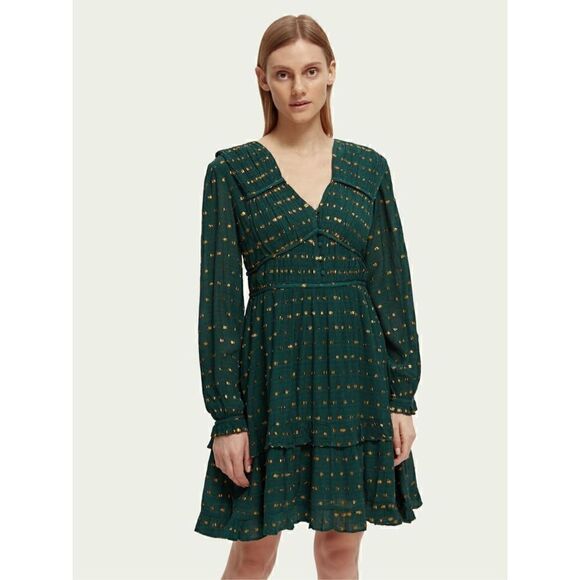 Scotch & Soda Dresses & Skirts - Scotch & Soda Long Sleeved Lurex Jacquard Ruffle Green Dress size M NWT$248